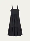 Theory Sleeveless Square-neck Tiered Poplin Midi Dress In Blk