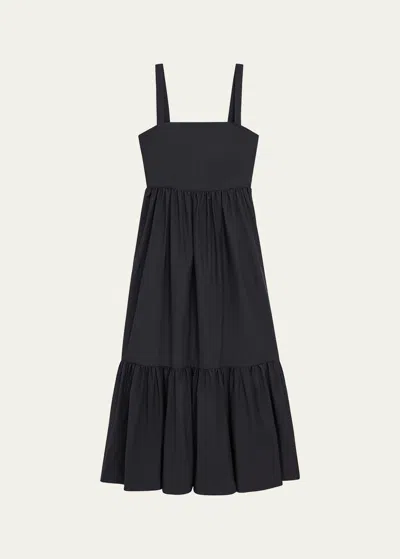 Theory Sleeveless Square-neck Tiered Poplin Midi Dress In Blk
