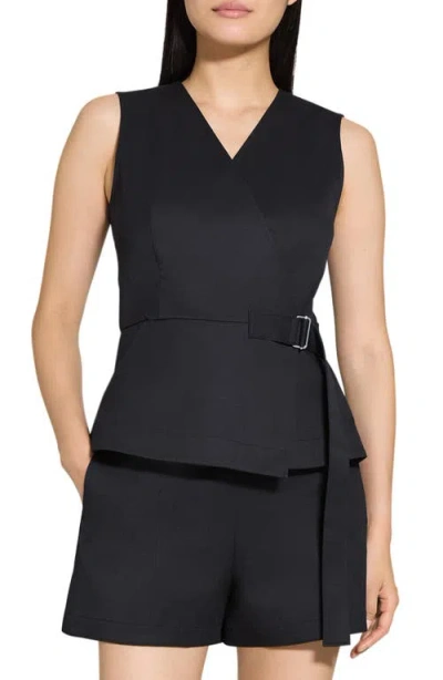 Theory Sleeveless Stretch Cotton Wrap Top In Black