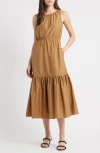 Theory Sleeveless Tiered Cotton Blend Dress In Brown