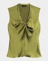 Theory Twist Neck Blouse In Crushed Satin In Green