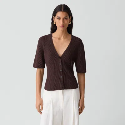 Theory Slim Cardigan In Ribbed Cotton In Brown