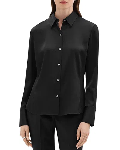 Theory Slim Satin Button Down Top In Black