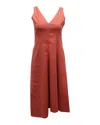 Theory Slip V-neck Midi Dress In Red Orange Linen In Pink