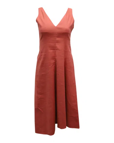 Pre-owned Theory Slip V-neck Midi Dress In Red Orange Linen