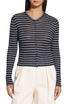 Theory Linen Blend Crewneck Cardigan Sweater In Nocturne Navy