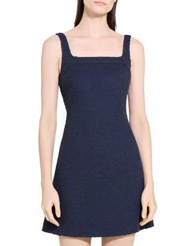 Theory Square Neck Yoke Linen-blend Dress In Blue