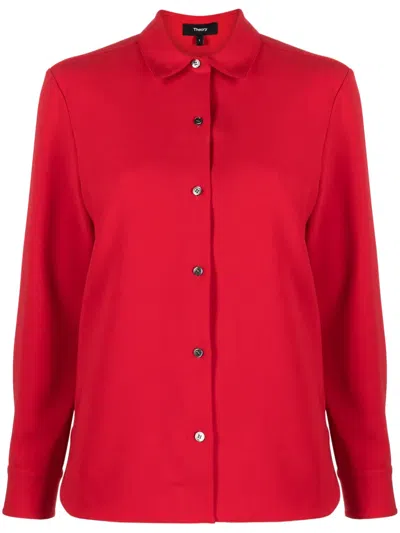 Theory Straight-point Collar Button-down Shirt In Red