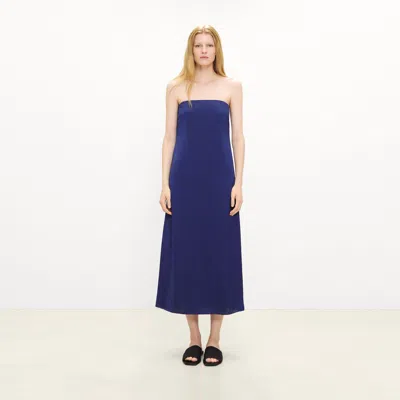 Theory Strapless Maxi Dress In Crushed Satin In Sapphire Navy