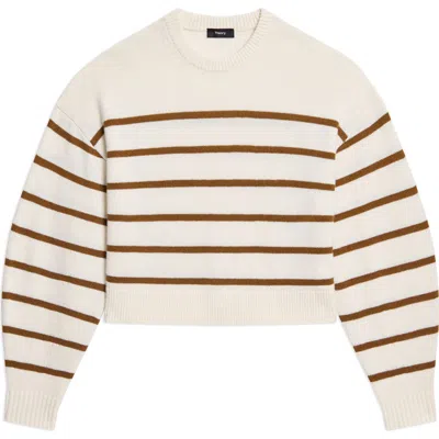 Theory Stripe Cashmere Sweater In Ivory/deep Acacia Brown - 31k
