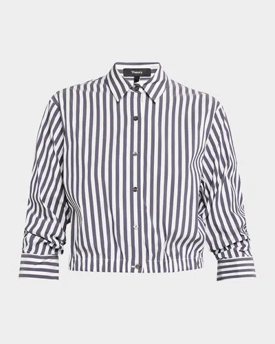 THEORY STRIPE CROPPED BUTTON-FRONT SHIRT