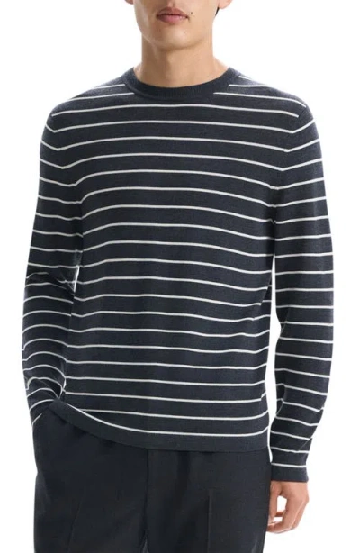 Theory Stripe Long Sleeve Merino Wool T-shirt In Dark Grey Heather/new Ivory