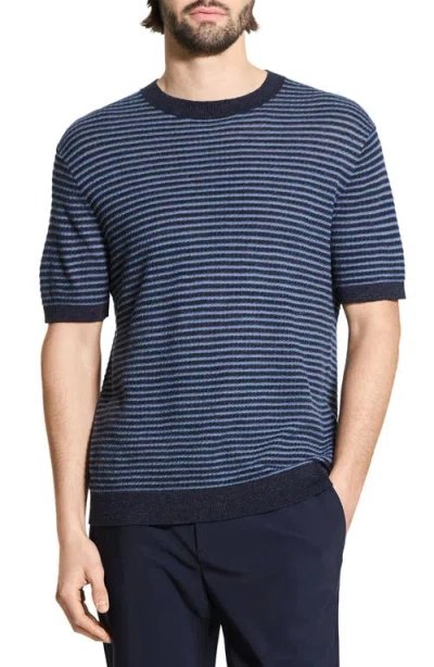 THEORY THEORY STRIPE SHORT SLEEVE LINEN & COTTON BLEND CREWNECK SWEATER