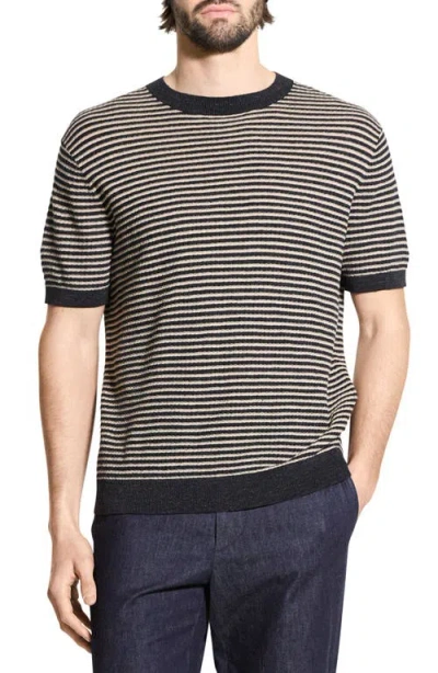 THEORY THEORY STRIPE SHORT SLEEVE LINEN & COTTON BLEND CREWNECK SWEATER