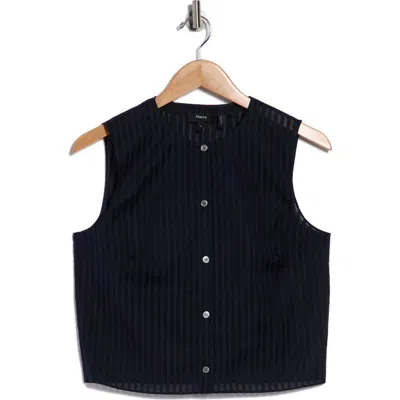 Theory Stripe Sleeveless Crop Button-up Shirt In Black