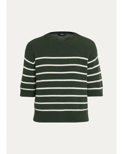 Theory Striped Cashmere Crop Short-sleeve Sweater In Green