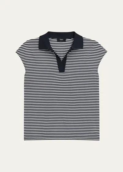 Theory Striped Cotton Polo Top In Navy And White