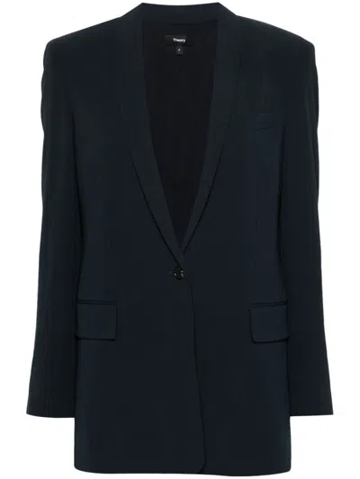 Theory Plissé Single-breasted Blazer In Blue