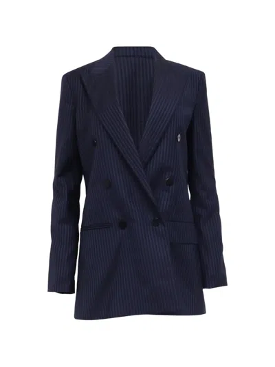 Pre-owned Theory Striped Double-breasted Blazer In Blue