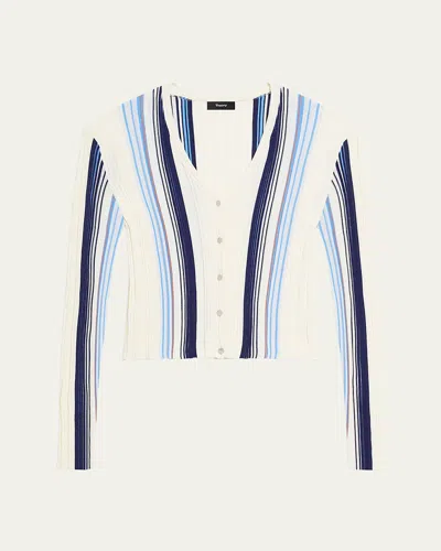 Theory Striped Long-sleeve Knit Cardigan In Blue