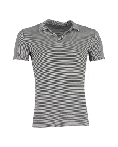 Theory Striped Polo Shirt In Black And White Cotton In Gray