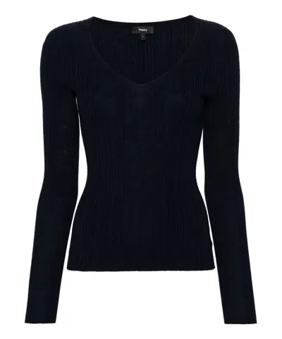Theory V-neck Rib Knit Top In Blue