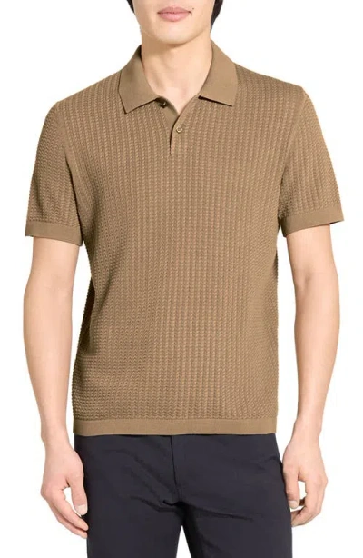 Theory Short Sleeve Cable Knit Polo In Tactile Cotton In Brown