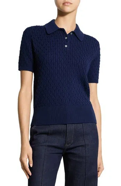 Theory Textured Cable Knit Organic Cotton Polo In Navy