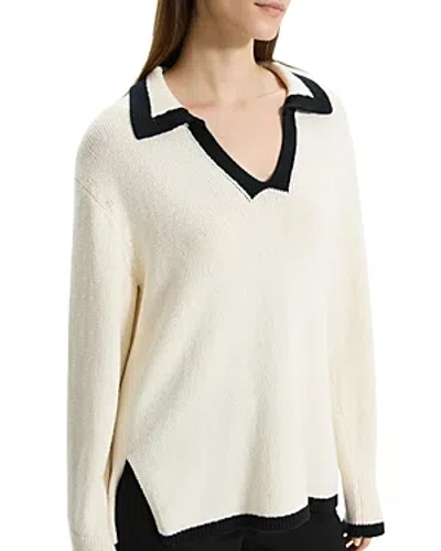 Theory Textured Collared Oversized Pullover In Off White Black