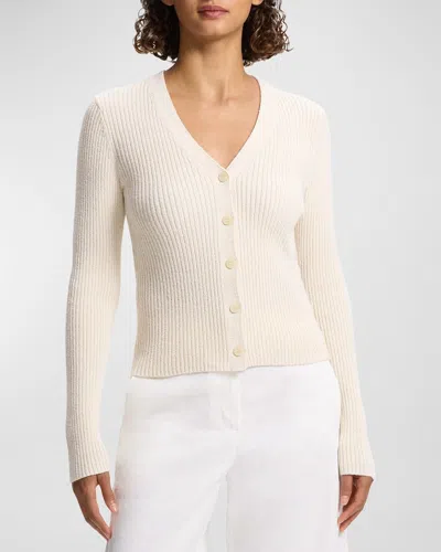 Theory Textured Cotton Rib Fitted V-neck Cardigan In Neutral