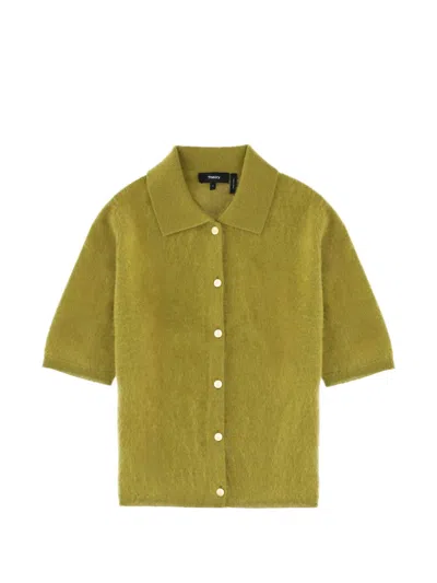 Theory Short-sleeve Brushed Cashmere Cardigan In Green