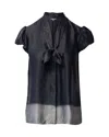 Theory Tie Front Blouse With Puff Sleeves In Grey Silk In Multi