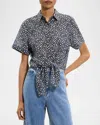 Theory Tie Front Short Sleeve Blouse In Multi In Blue