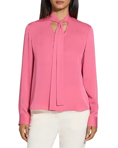 Theory Tie Neck Silk Blouse In Bright Pink