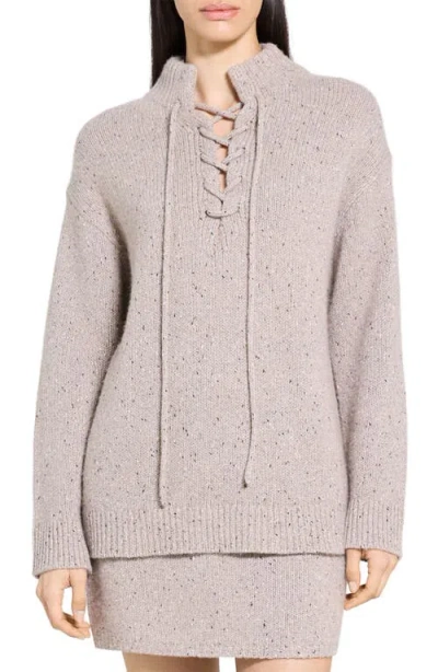 Theory Tie Neck Wool Blend Sweater In Neutral
