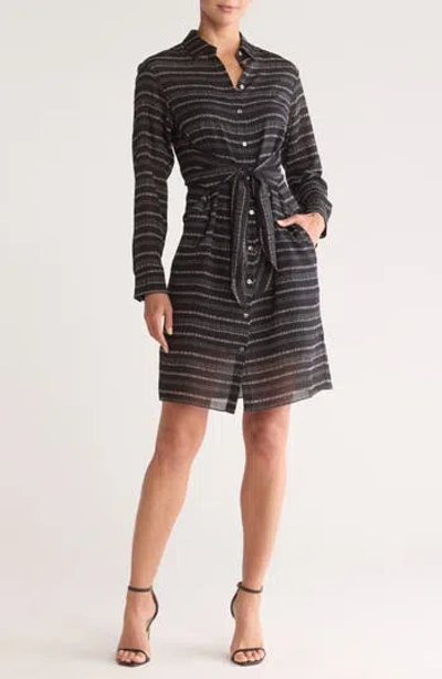 Theory Tie Waist Silk Shirtdress In Black Multi