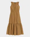 Theory Sleeveless Tiered Cotton Blend Dress In Brown