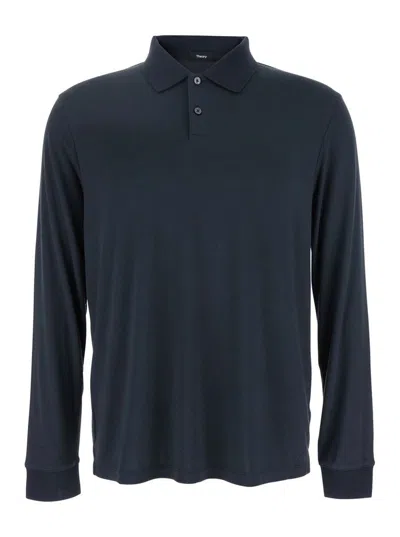 Theory Long-sleeve Polo Shirt With Classic Collar In Blue