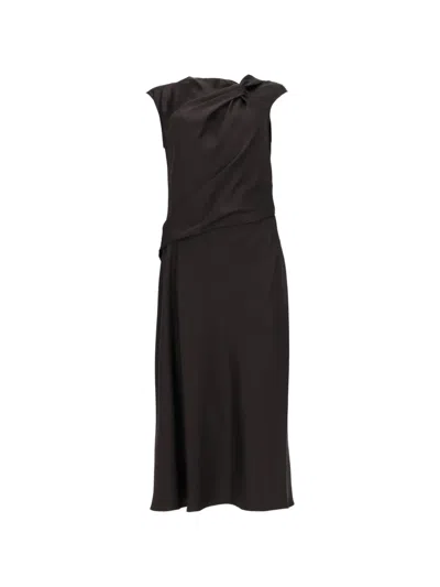 Theory Neutrals Twist Bodice Fitted Midi Dress In Brown