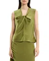 Theory Twist Neck Blouse In Crushed Satin In Green