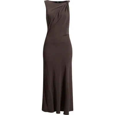 Theory Twist Shoulder Crepe Midi Dress In Brown