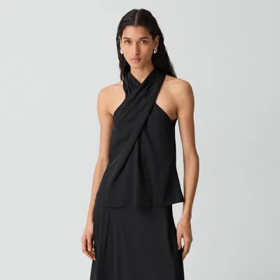 Theory Twisted Halter Top In Washed Twill In Black
