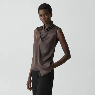 Theory Twisted Split Blouse In Satin In Brown