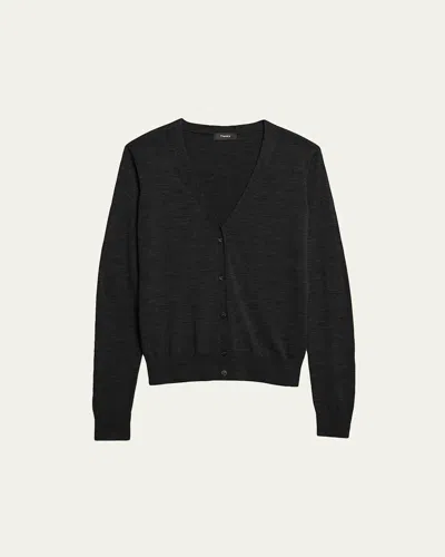 Theory V-neck Button-front Regal Wool Cardigan In Black