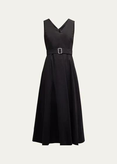 Theory Women's Belted Linen-blend Midi-dress In Black