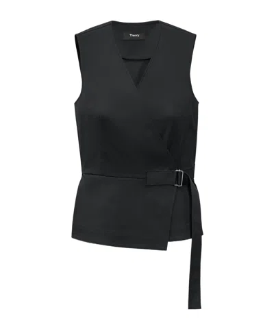 Theory Sleeveless Stretch Cotton Wrap Top In Black