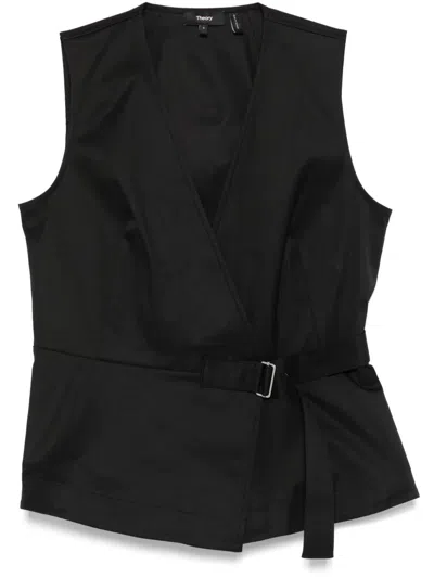 Theory Sleeveless Stretch Cotton Wrap Top In Black