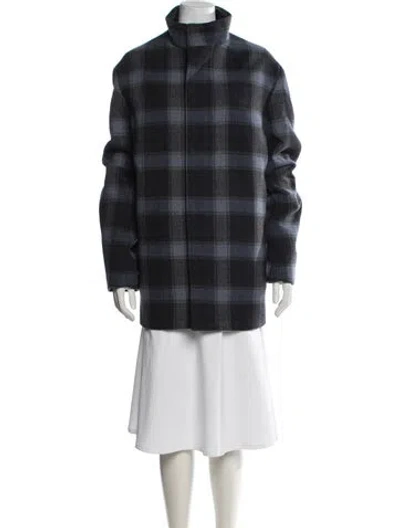 Pre-owned Theory Virgin Wool Plaid Print Coat In Blue