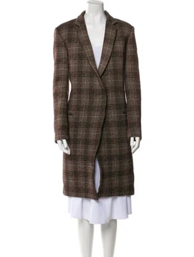 Pre-owned Theory Virgin Wool Plaid Print Coat In Brown