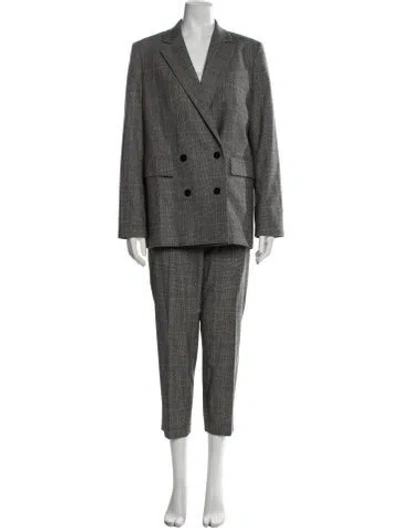 Pre-owned Theory Virgin Wool Plaid Print Pantsuit In Gray